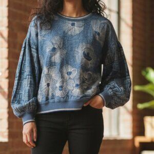 Conditions Apply Women's Embroidered Top Size Medium Blue Long Sleeves